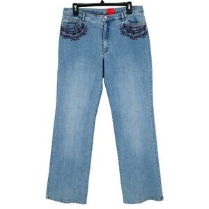 Very Vera Jeans Womens 12 Blue Wide Leg Stretch Denim Purple Beads Vintage